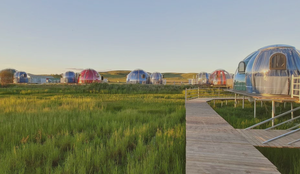 Row of colorful geodesic domes on elevated platforms connected by a wooden boardwalk in a lush green field, reflecting sustainable and eco-friendly travel options.