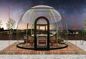 Luxury transparent dome with elegant dining setup under a starlit sky, featuring panoramic views of the night sky and natural surroundings, perfect for romantic getaways or unique dining experiences.