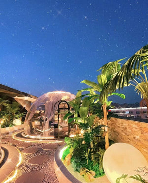 Luxurious geodesic dome surrounded by lush tropical plants under a clear starry night sky, with a curving stone pathway leading to the dome, ideal for exotic and romantic getaways.